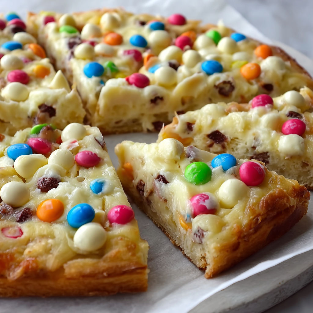 A slice of cake with M&M's on top.