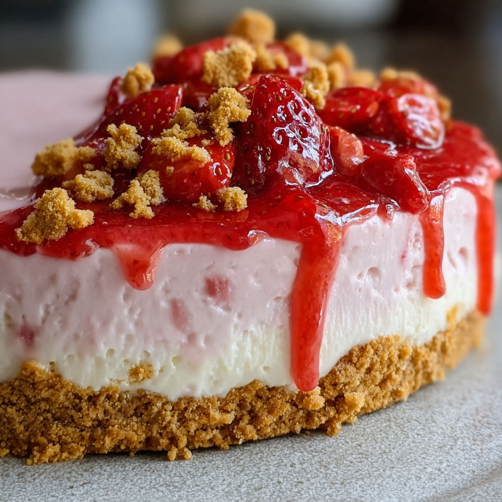 A slice of strawberry cheesecake with a drizzle of strawberry sauce on top.