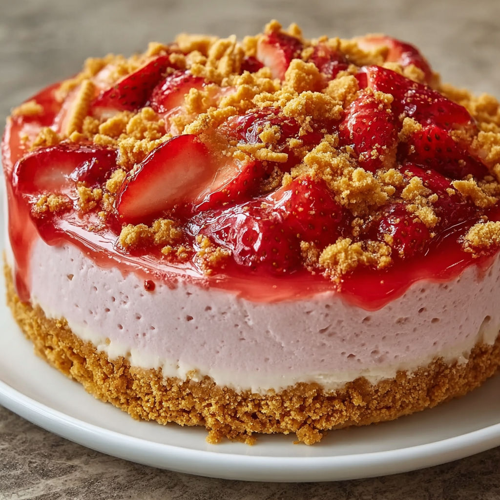 A slice of strawberry cheesecake with crumb topping on a white plate.