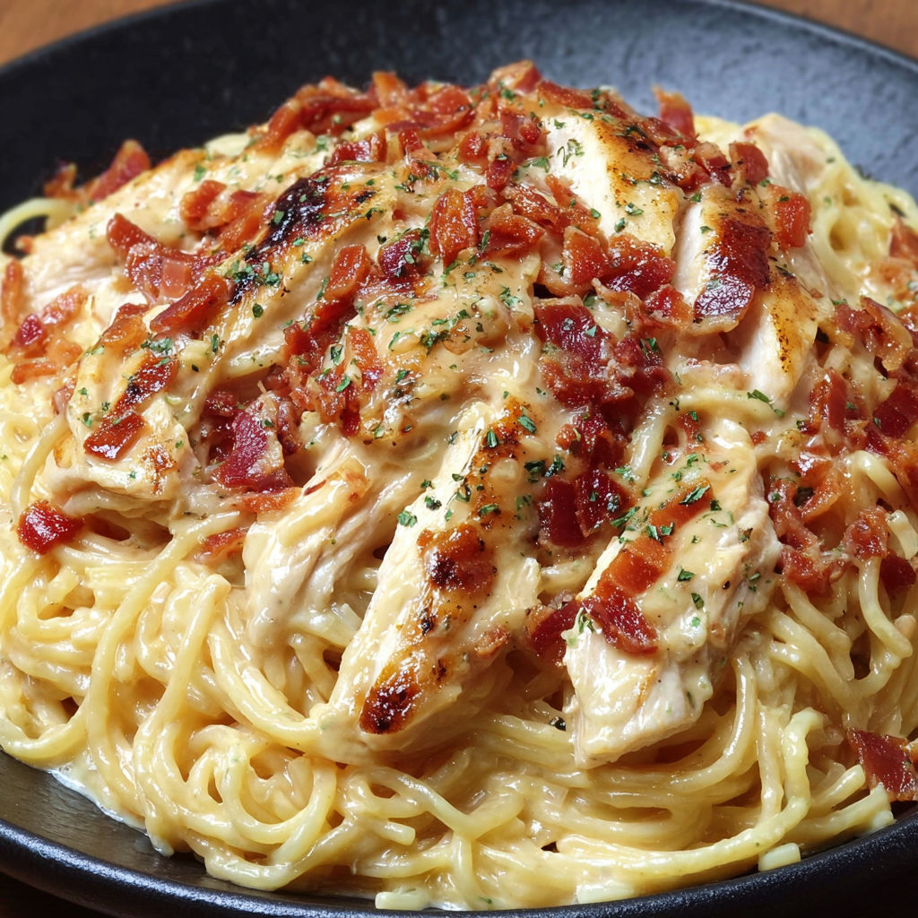A delicious BBQ Alfredo Chicken Spaghetti dish is served in a bowl.