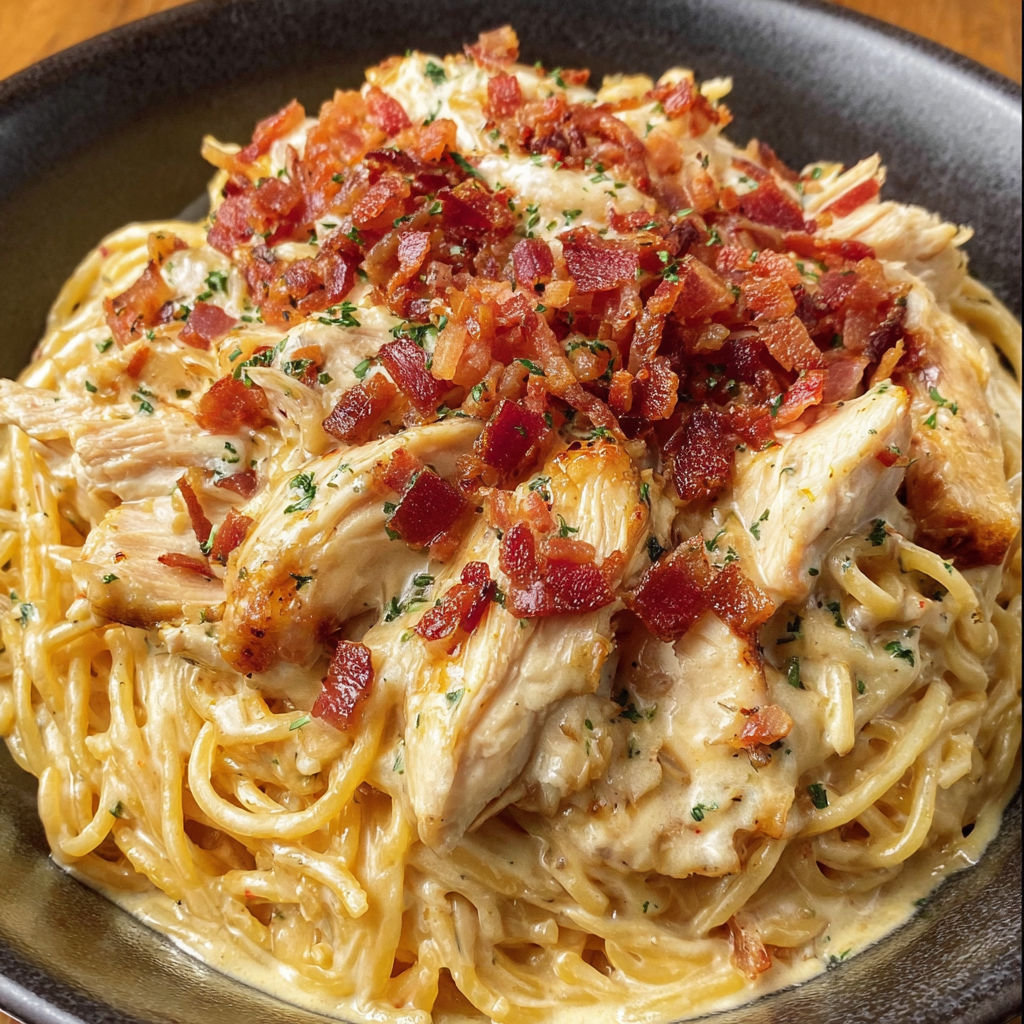 A delicious BBQ Alfredo Chicken Spaghetti dish is served in a bowl.