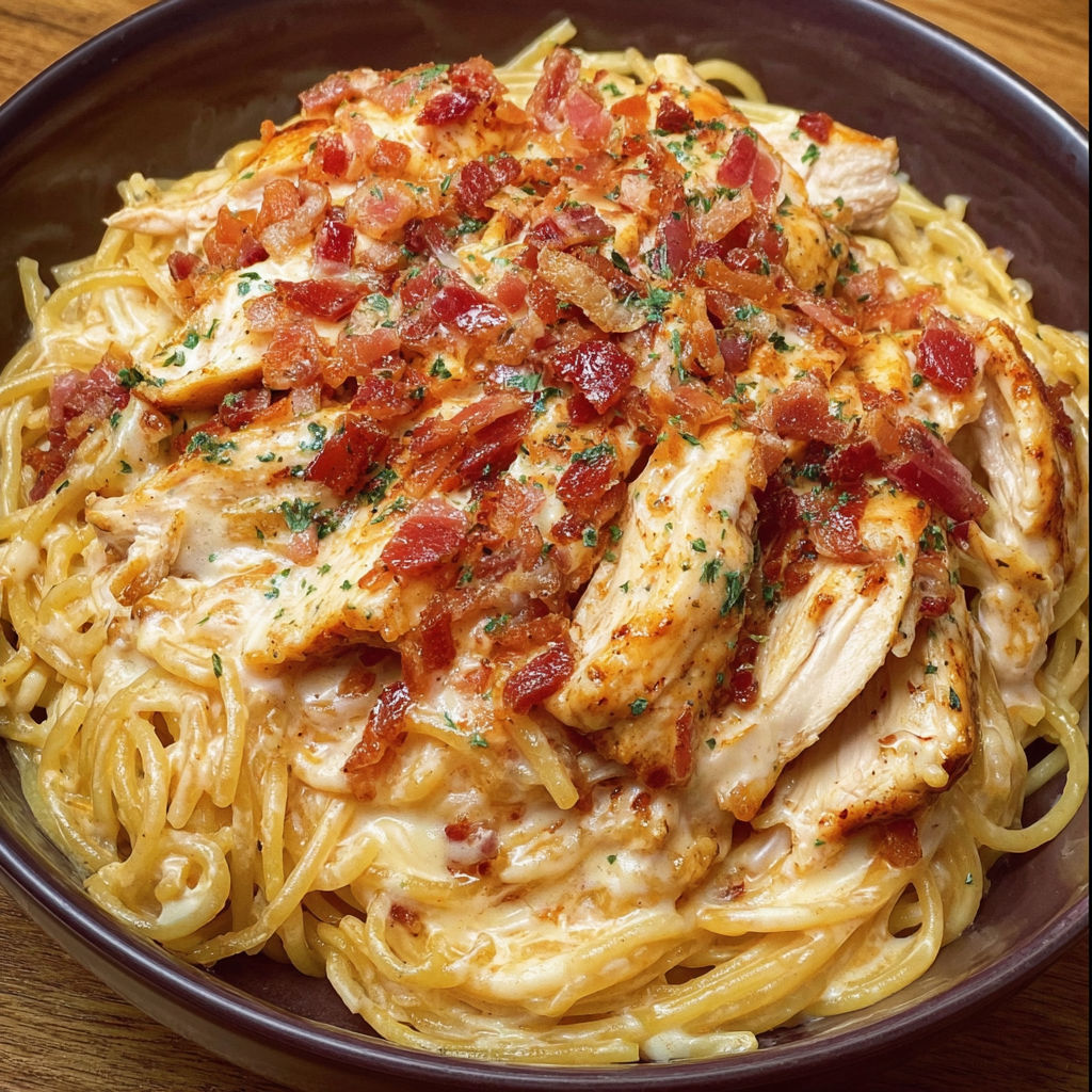 A delicious BBQ Alfredo Chicken Spaghetti dish, served in a bowl.