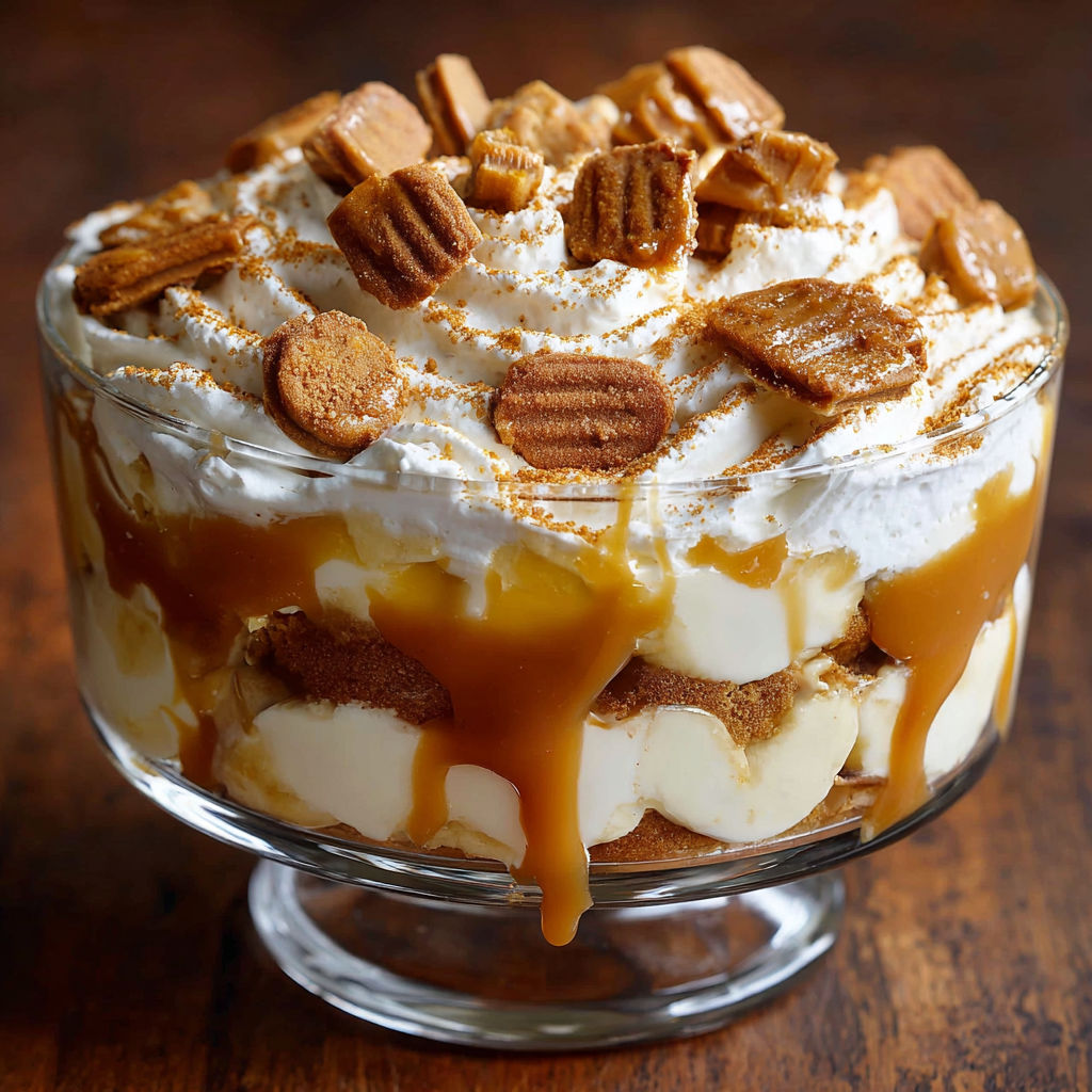 A delicious dessert in a glass bowl, featuring Biscoff cookies, bananas, and caramel sauce.