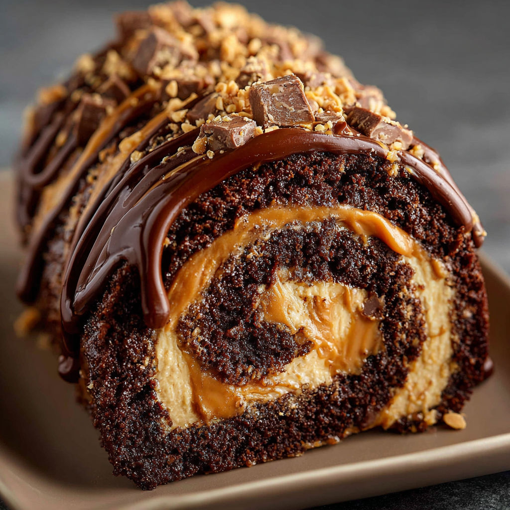 A chocolate and peanut butter roll sits on a plate.