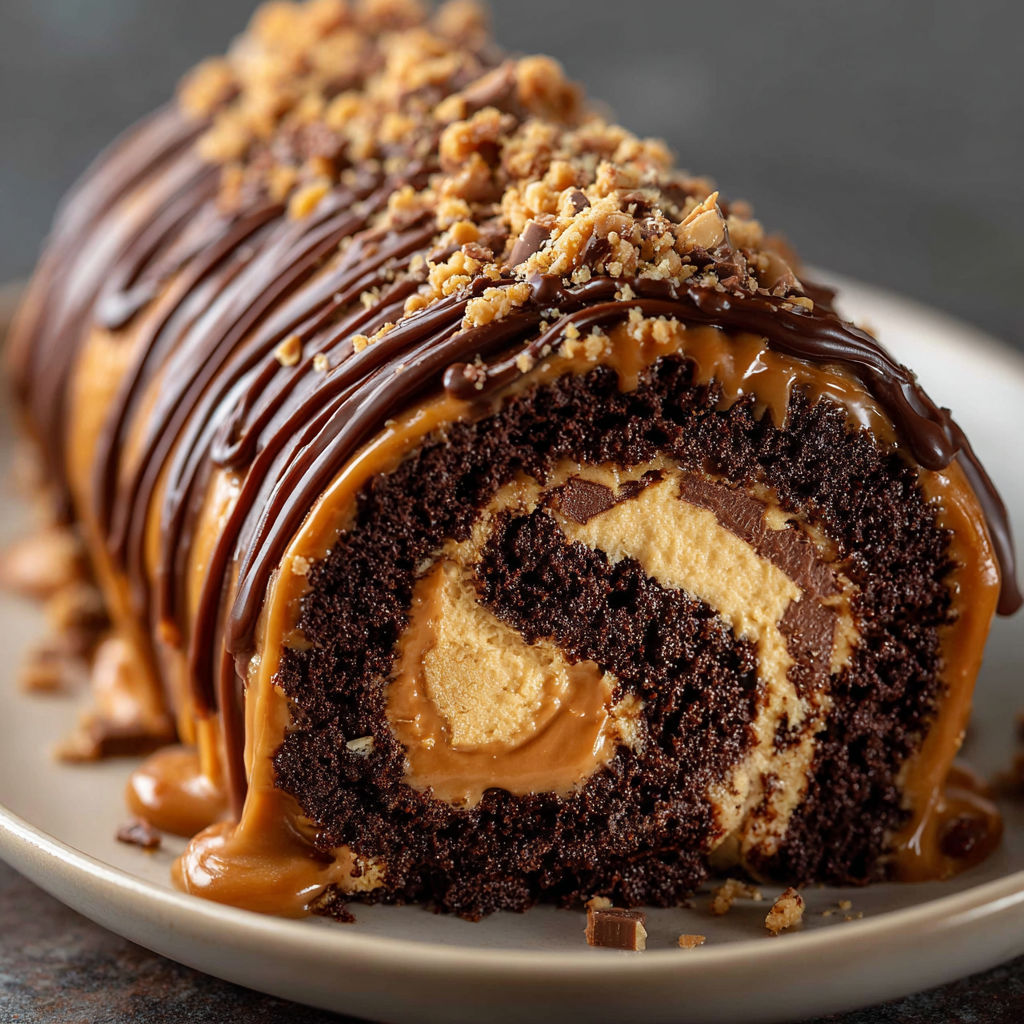 A chocolate cake with peanut butter and caramel swirls is displayed on a plate.