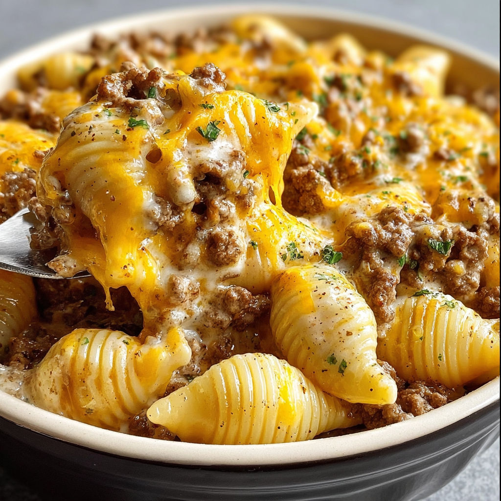 A bowl of pasta with cheese and beef in a crockpot.