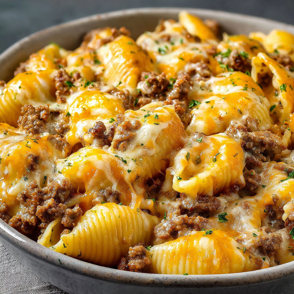 A bowl filled with a delicious meal of pasta shells and beef, topped with cheese and ranch dressing.