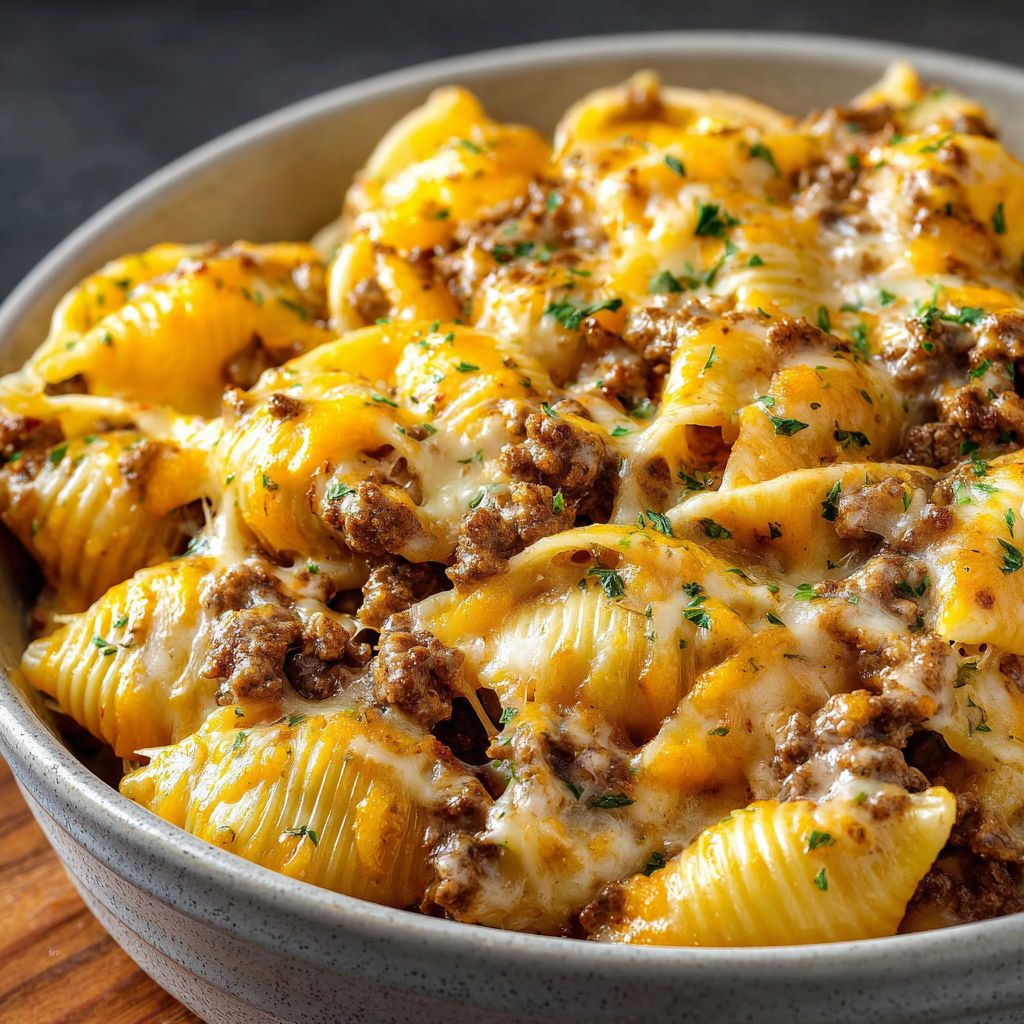 A bowl of pasta with cheese and meat in it.