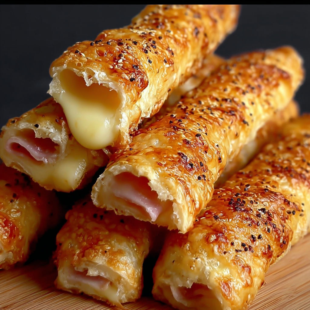 A stack of ham and cheese sticks on a wooden table.