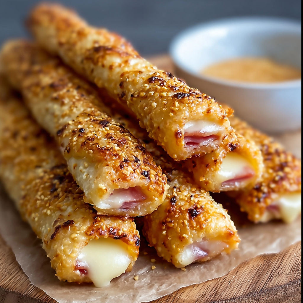 A plate of breaded meat sticks with cheese and a bowl of dipping sauce.