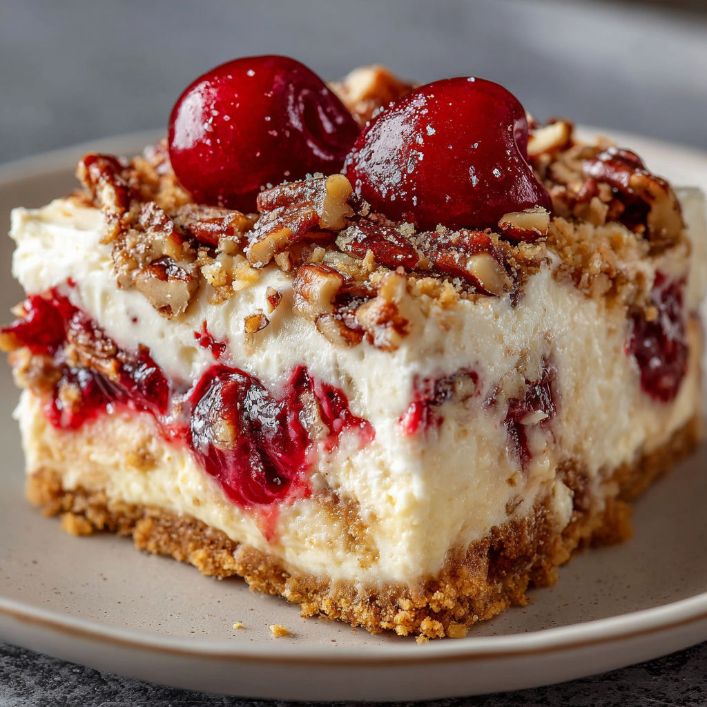 A slice of Cherry Pecan Cheesecake Lush Recipe is displayed on a plate.