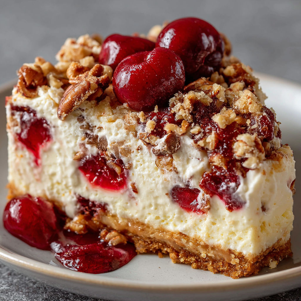 A slice of cheesecake with a cherry on top, served on a plate.