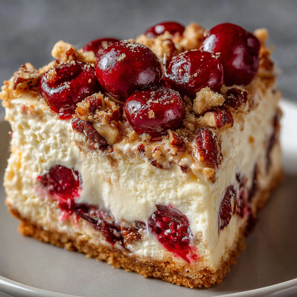 A slice of cheesecake with a topping of cranberries and walnuts.