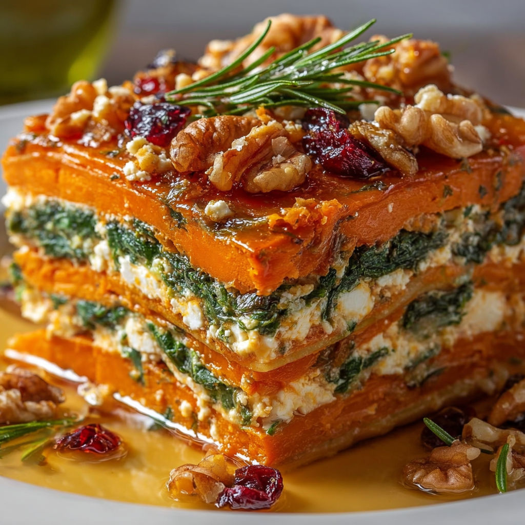 A stack of vegetable lasagna with a drizzle of sauce on top.