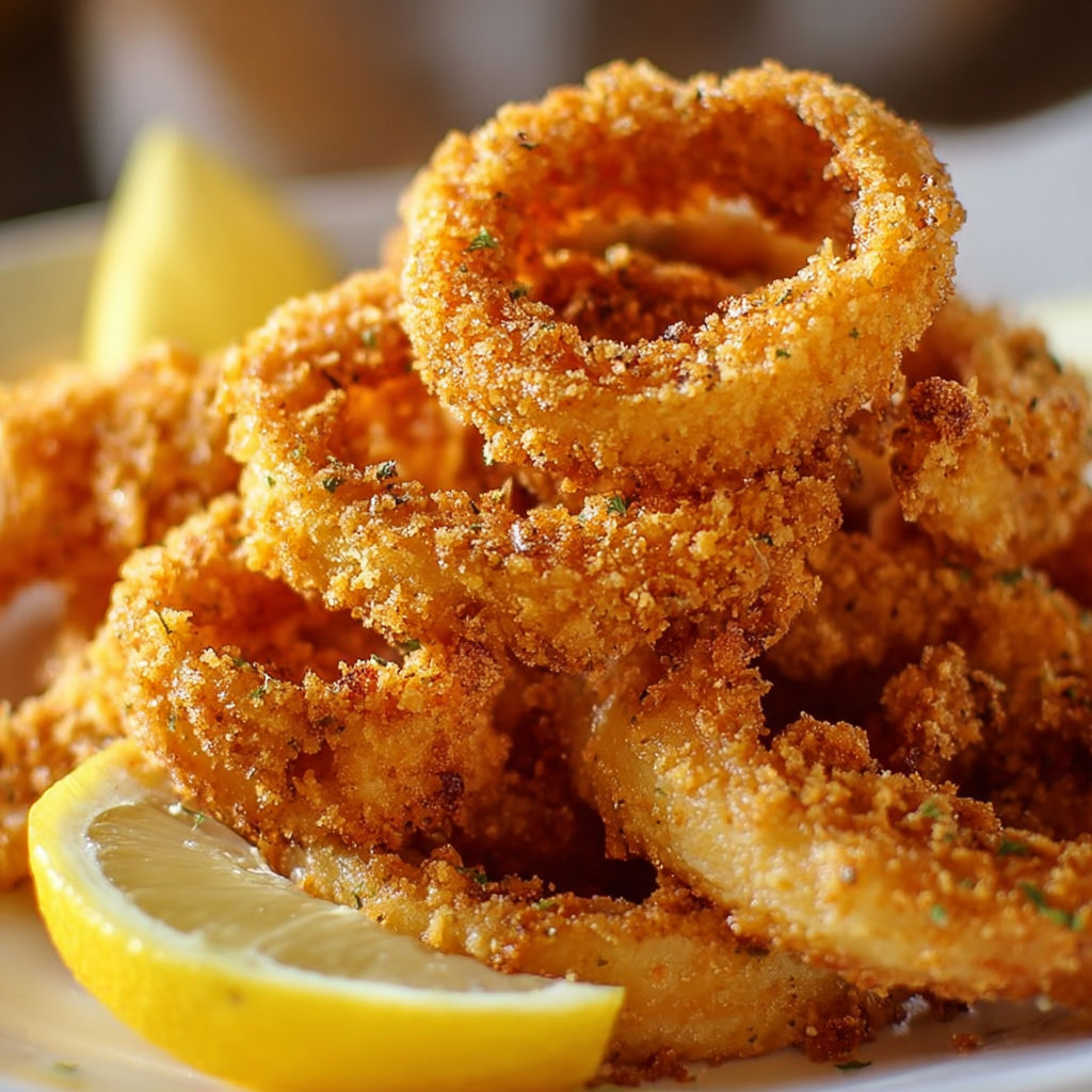 A plate of crispy fried calamari rings with a lemon wedge on the side.