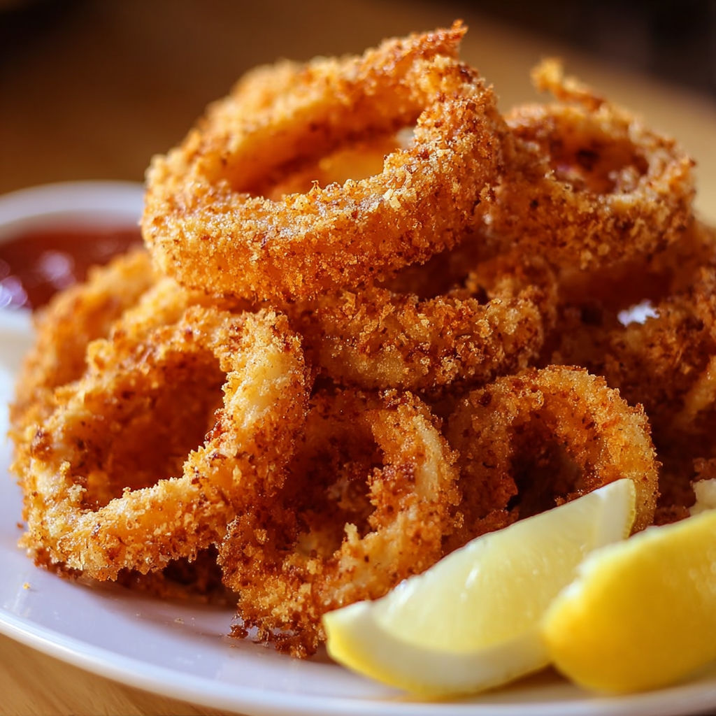 A plate of crispy fried calamari rings with a lemon wedge on the side.