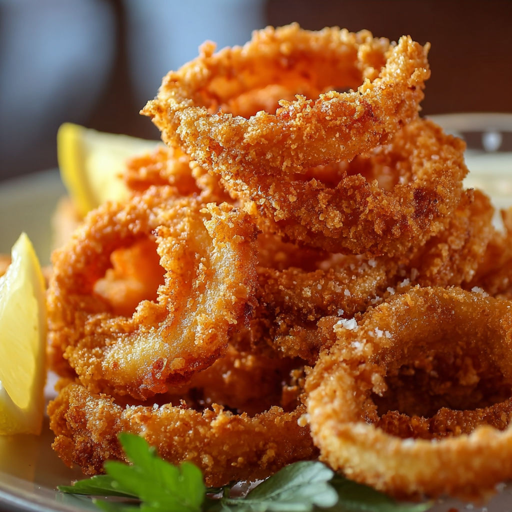 A plate of crispy fried calamari rings with a lemon wedge on the side.