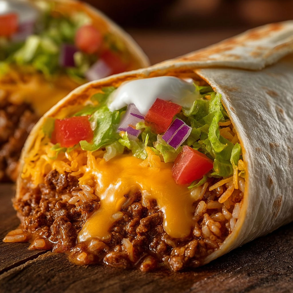 A delicious burrito filled with rice, meat, and tomatoes, ready to be enjoyed.