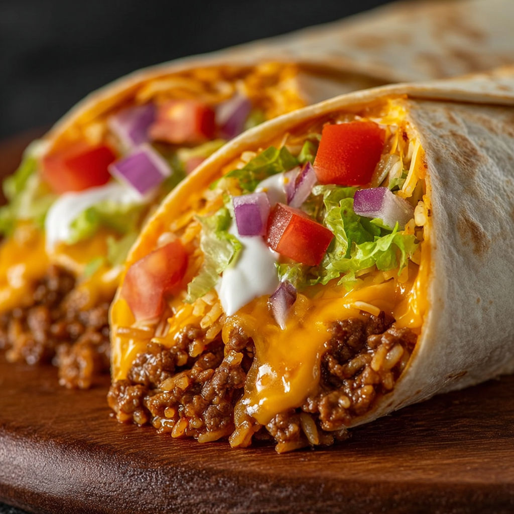A delicious burrito filled with meat, cheese, and tomatoes, ready to be enjoyed.