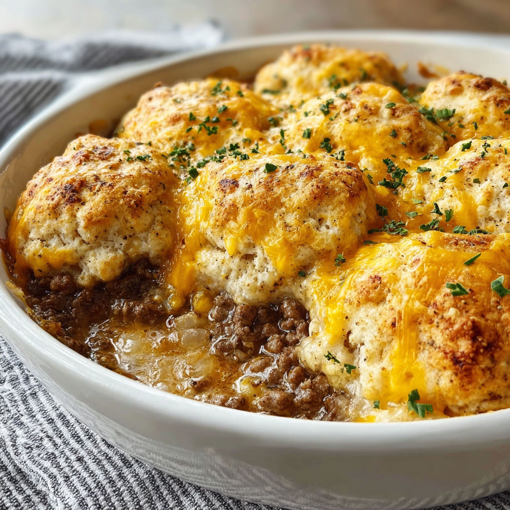 A delicious Cheddar Bay Ground Beef Cobbler is served in a white bowl.