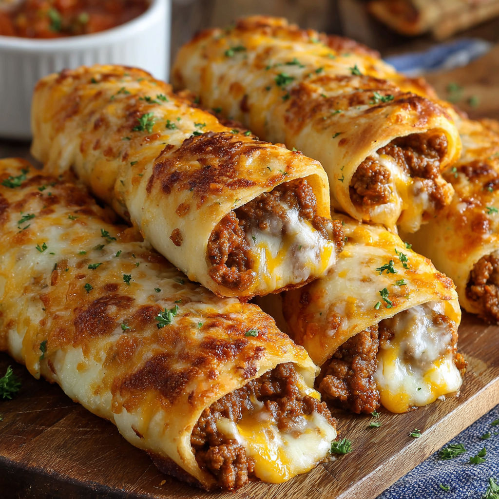 A delicious cheesy taco breadsticks delight is displayed on a wooden platter.