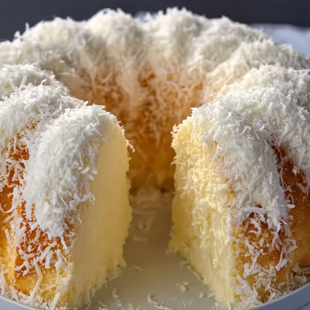 A cake with white frosting and coconut on top.