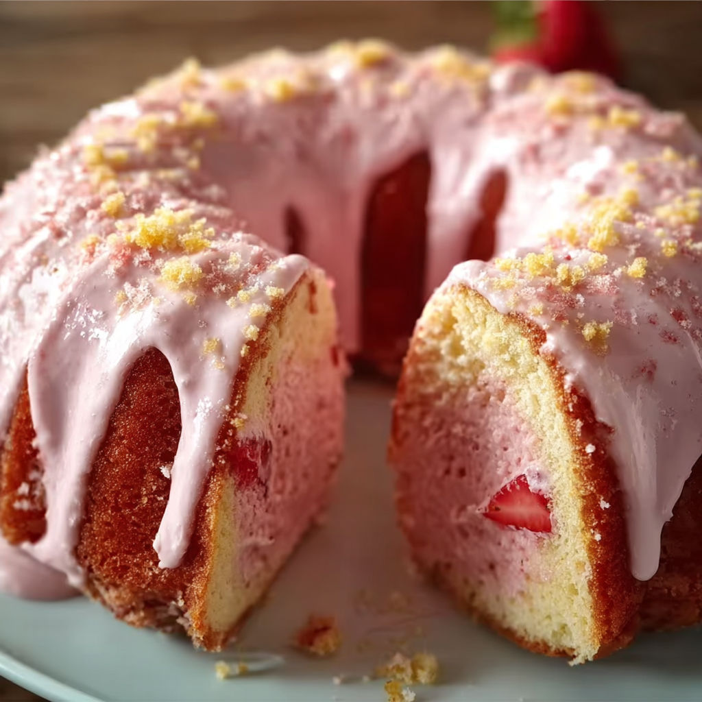A slice of Strawberry Cheesecake Bundt Cake on a plate.