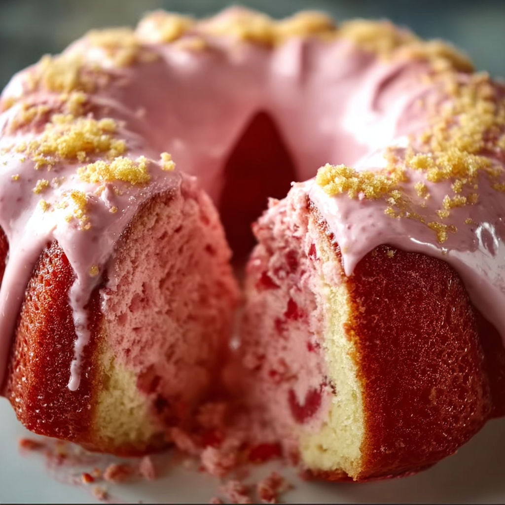 A slice of pink cake with white frosting and sprinkles.