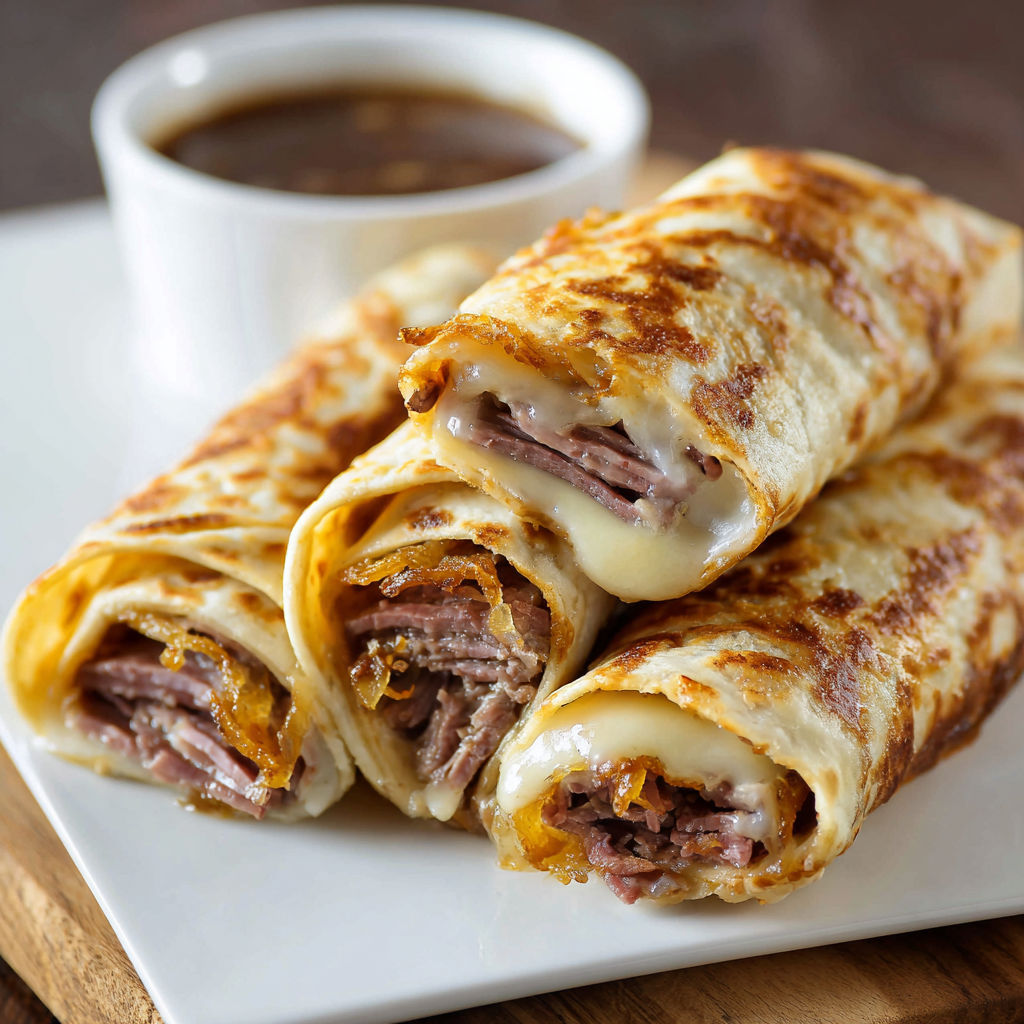 Two French Dip Tortilla Roll Ups filled with meat and cheese, served with a side of dipping sauce.