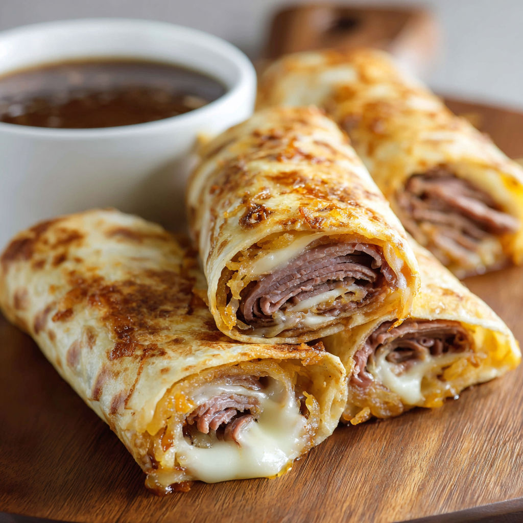 A plate with two meat filled sandwiches and a cup of sauce.