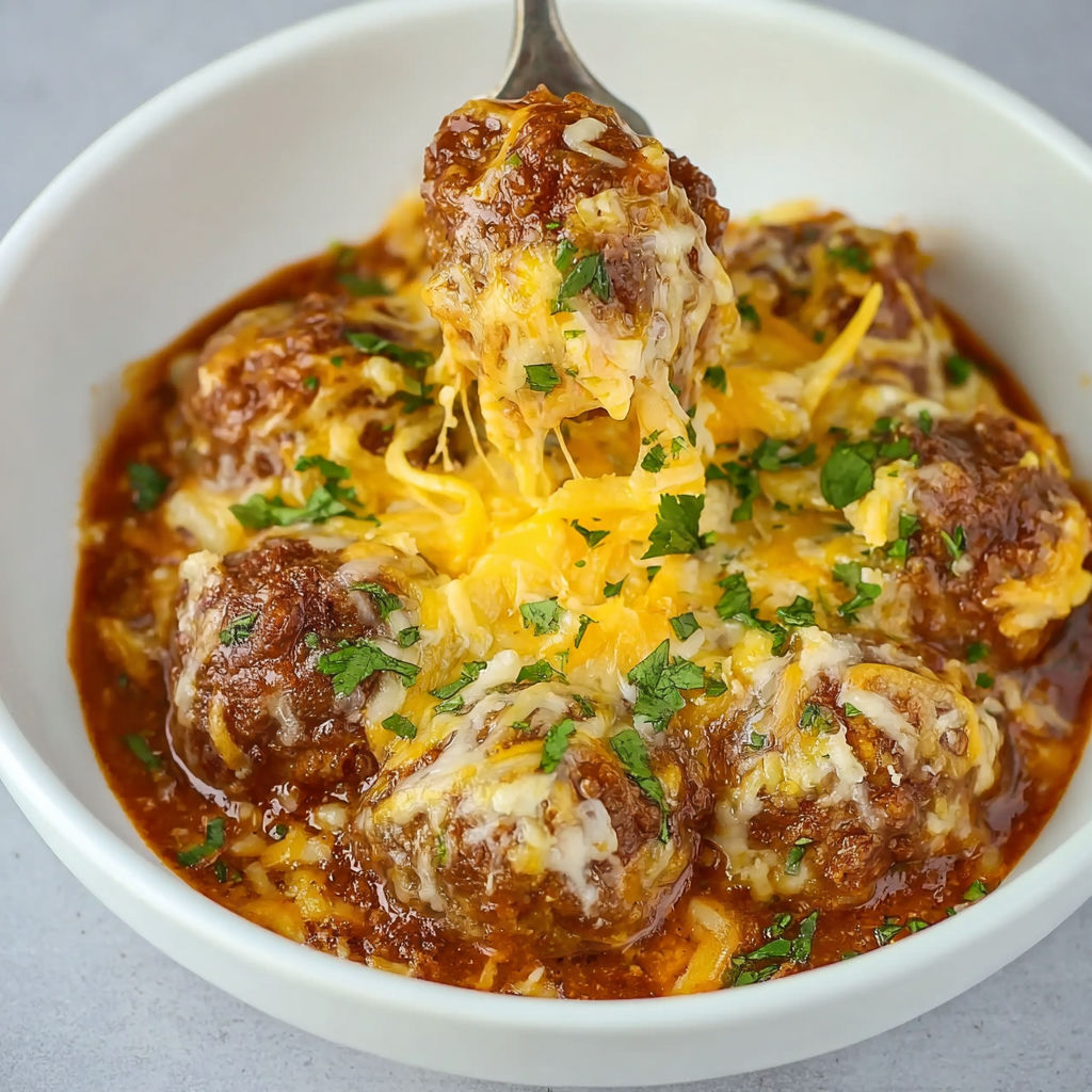 A bowl of spaghetti with meatballs and cheese.