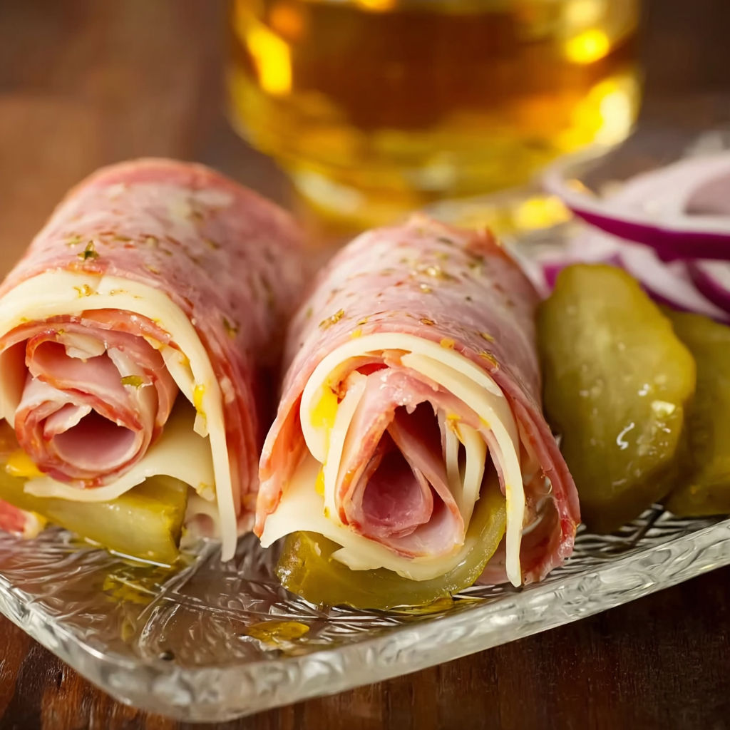 A plate of food with two meat rolls and pickles.
