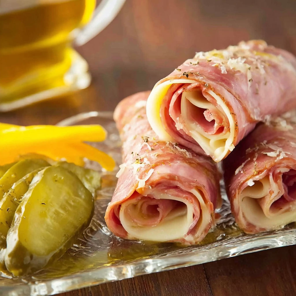 A plate of ham roll ups with a glass of tea.