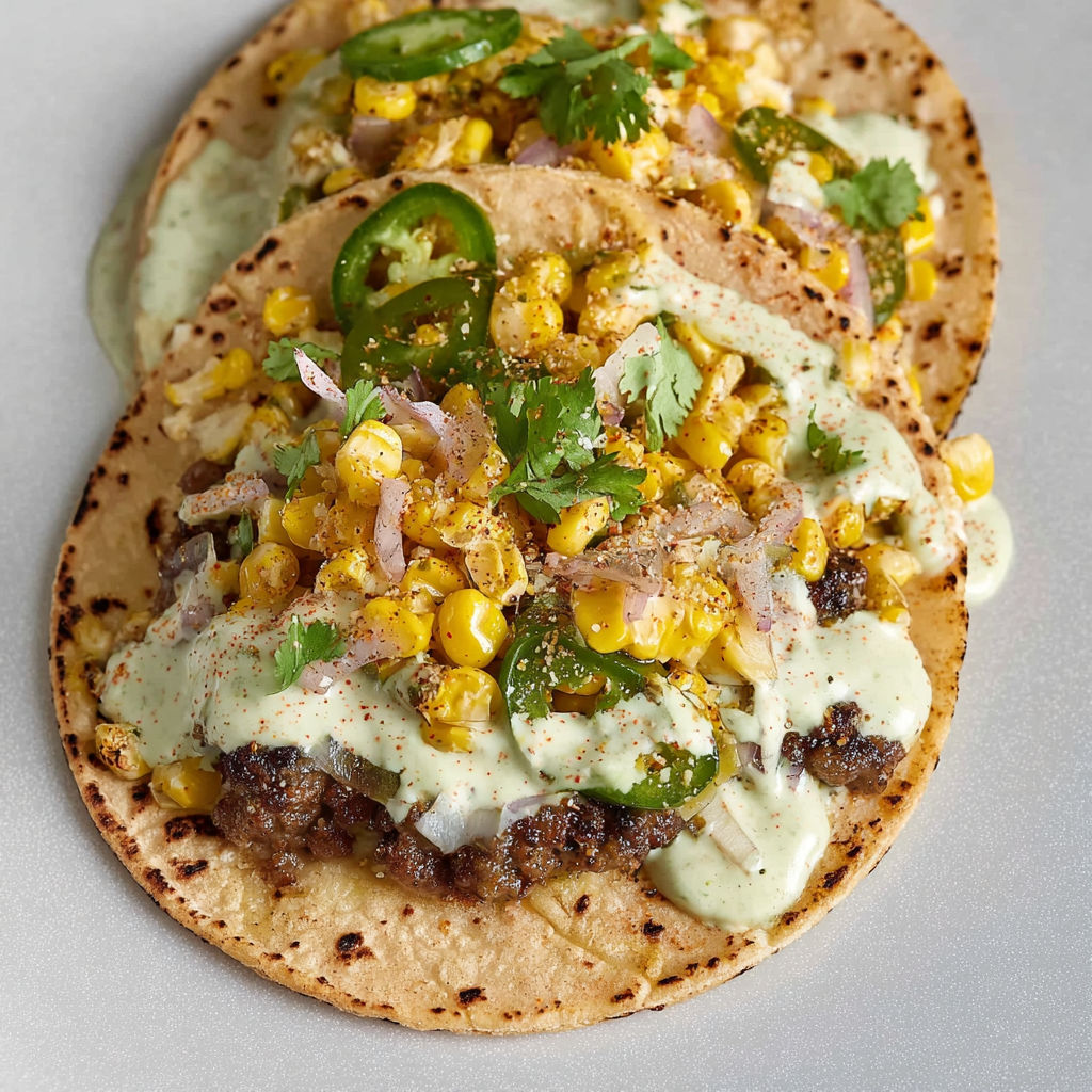 A delicious Mexican meal with a variety of toppings, including corn, onions, and jalapenos.