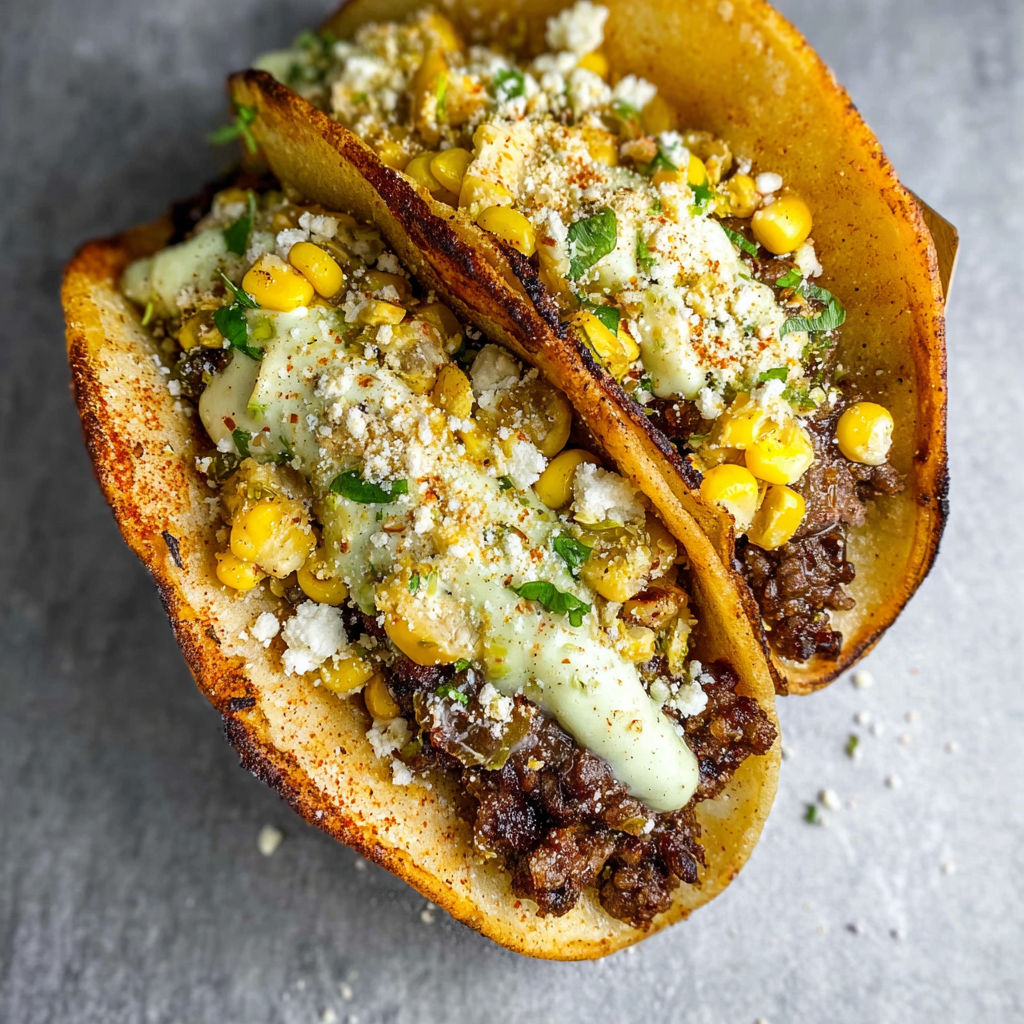 A delicious meal of beef and corn tacos with a white sauce.