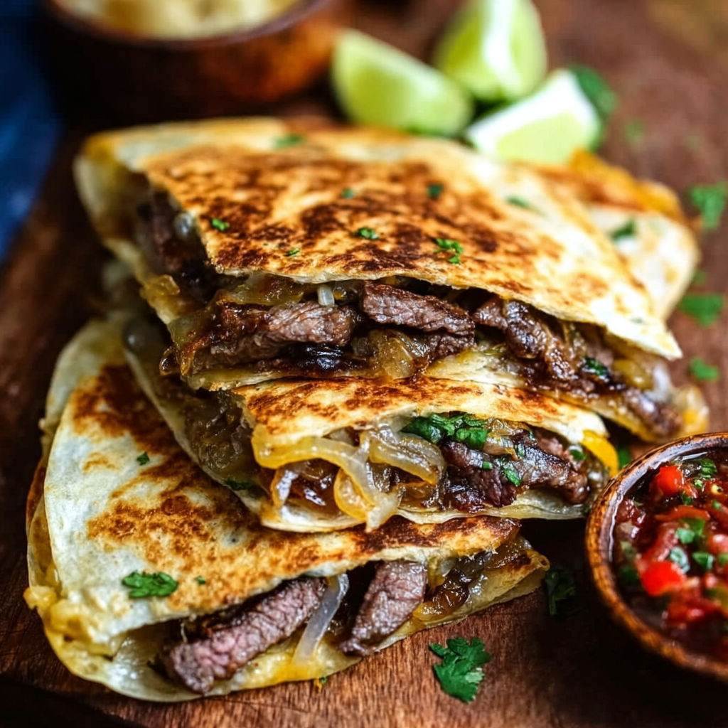 A stack of beef enchiladas with onions and cheese, served with a side of salsa.