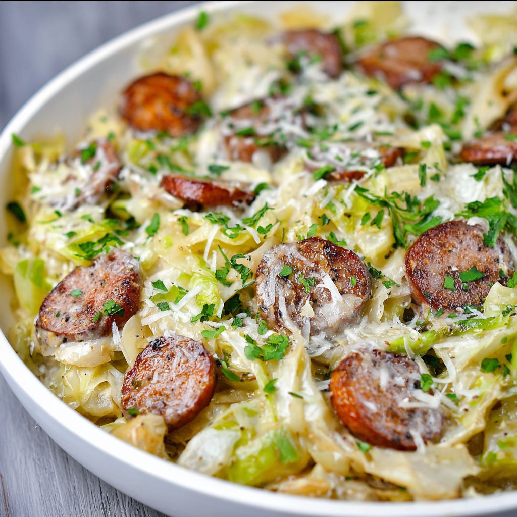 A delicious Keto Cajun Sausage and Cabbage Alfredo dish, served in a white bowl.