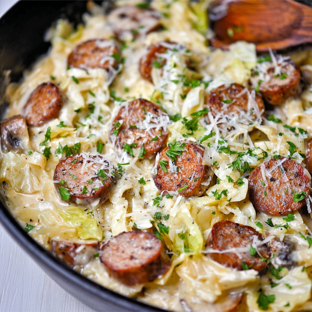 A delicious pasta dish with sausage and vegetables, including broccoli and cabbage, is served in a black bowl.