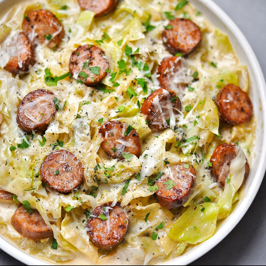 A white bowl filled with a delicious sausage and vegetable dish.