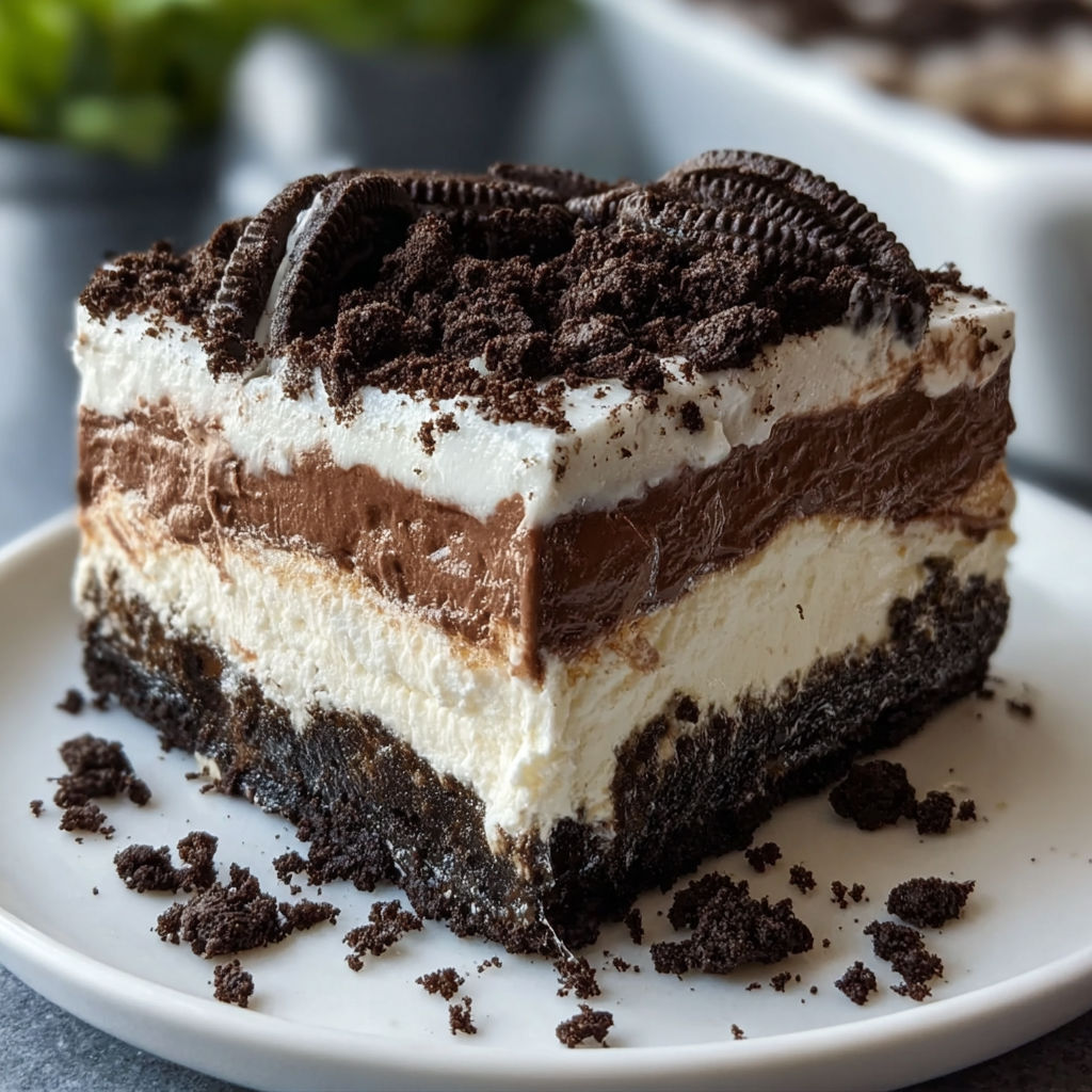 A slice of Oreo Lasagna, a delicious dessert made with layers of cookies and cream.