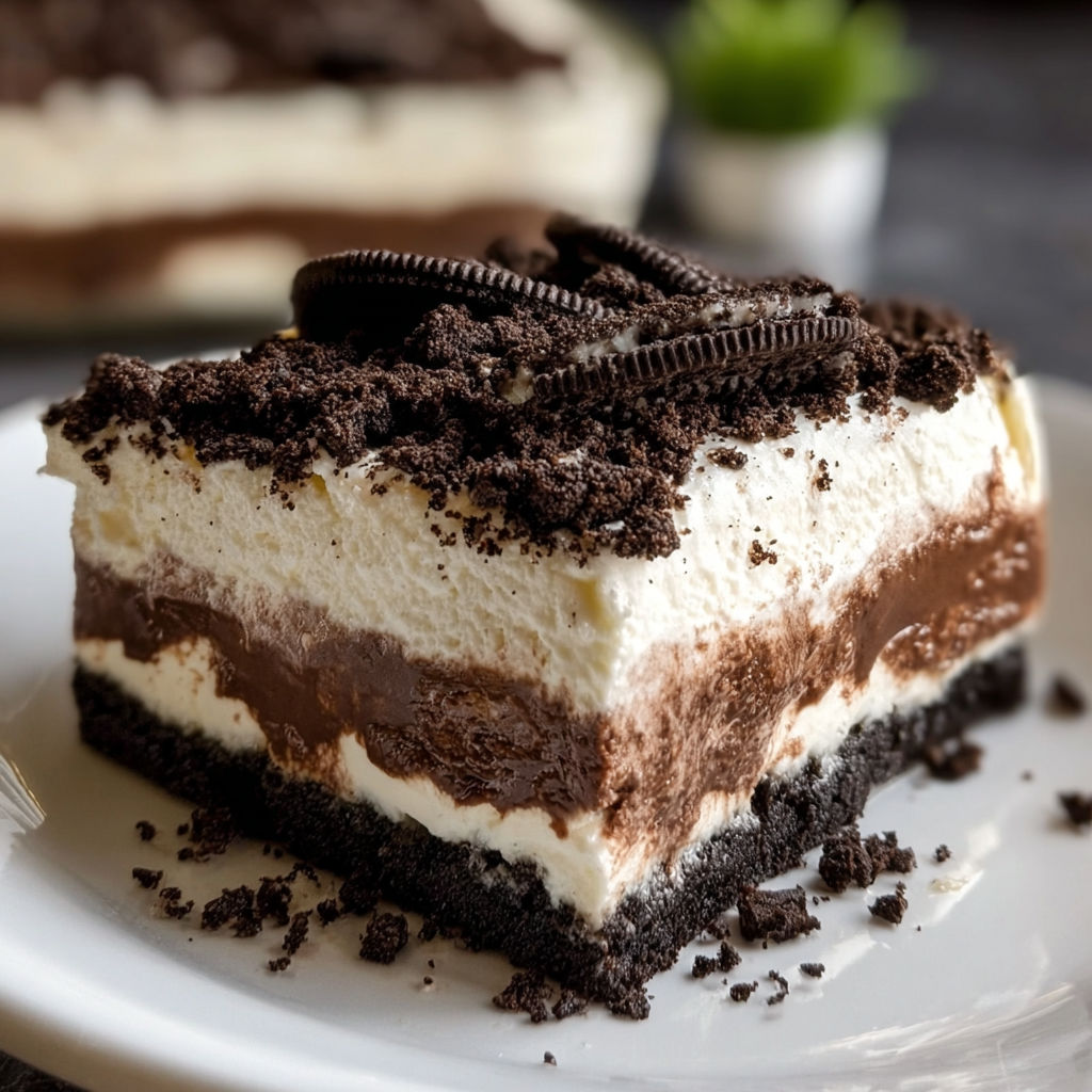A slice of chocolate and Oreo cream pie on a white plate.
