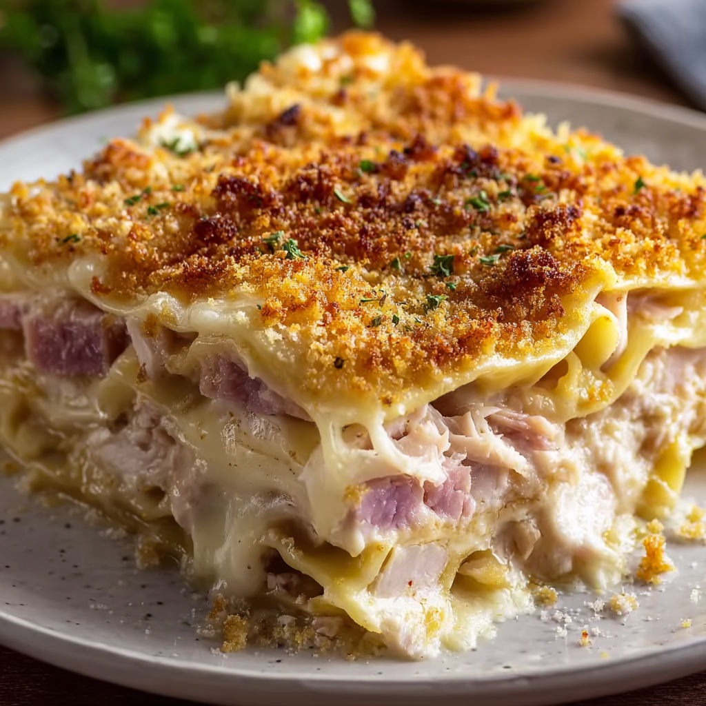 A delicious meal of chicken and pasta, topped with cheese and bacon, is served on a plate.