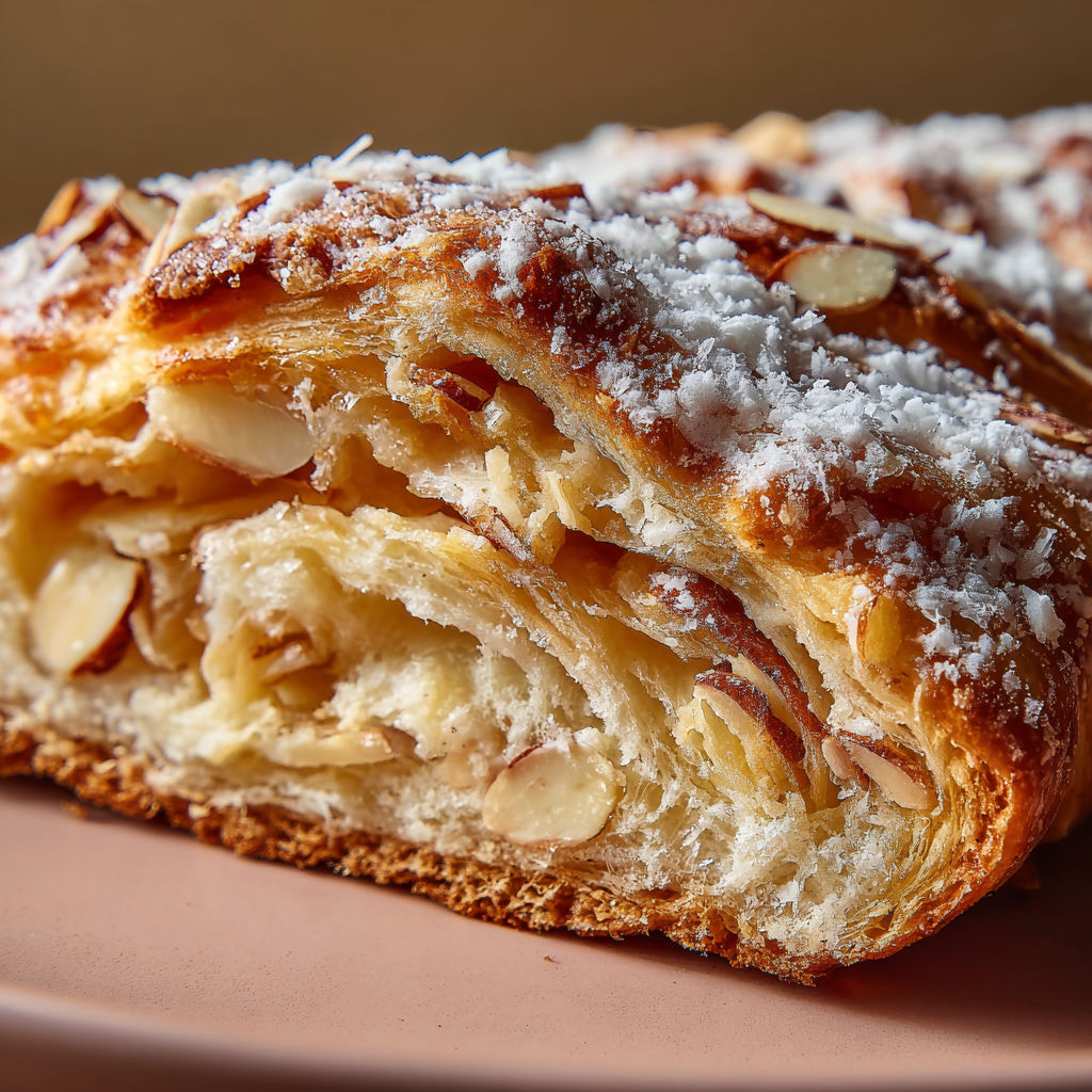 A pastry with almonds and sugar on top, sitting on a plate.