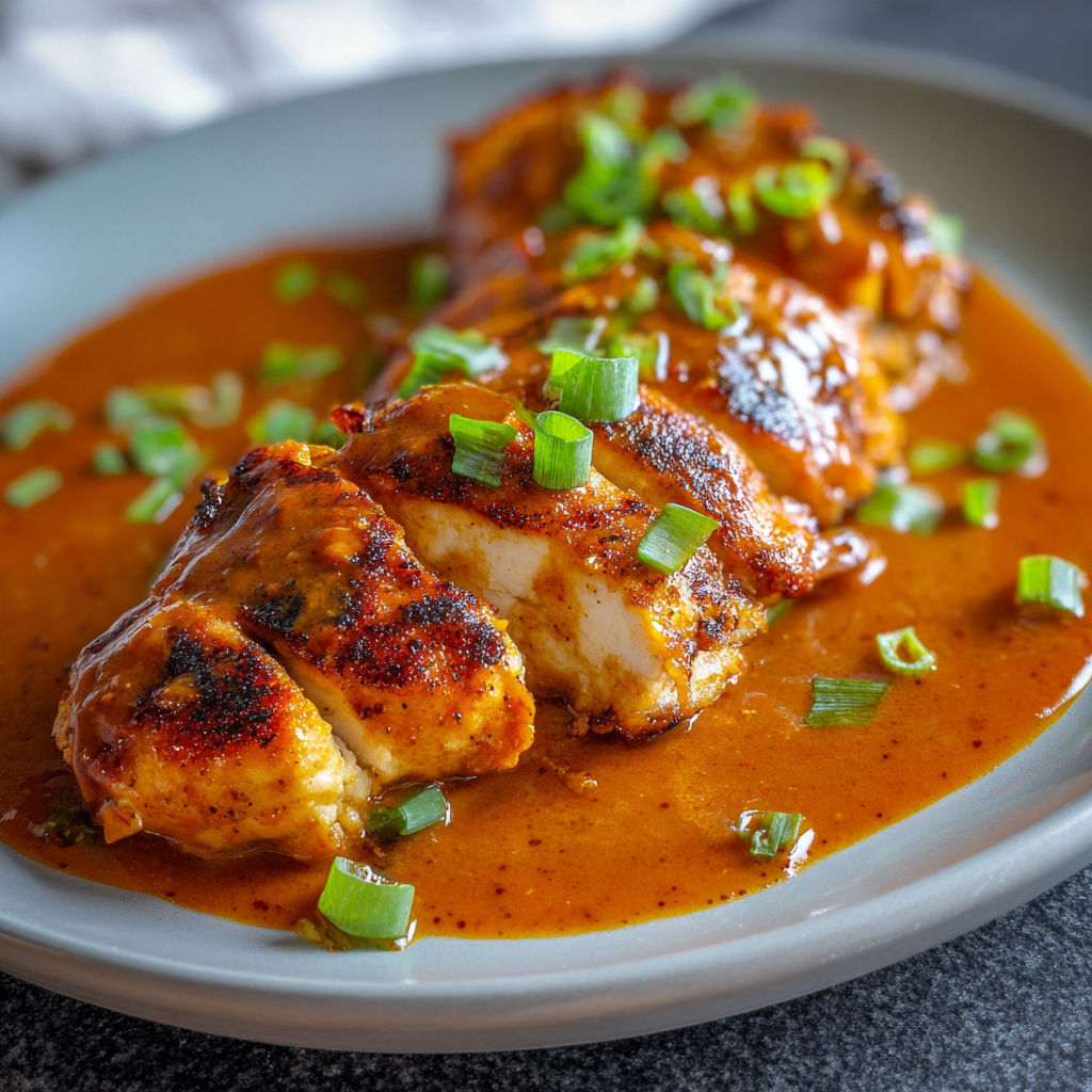 A plate of Spicy Sweet Chicken Diablo with a generous amount of sauce.