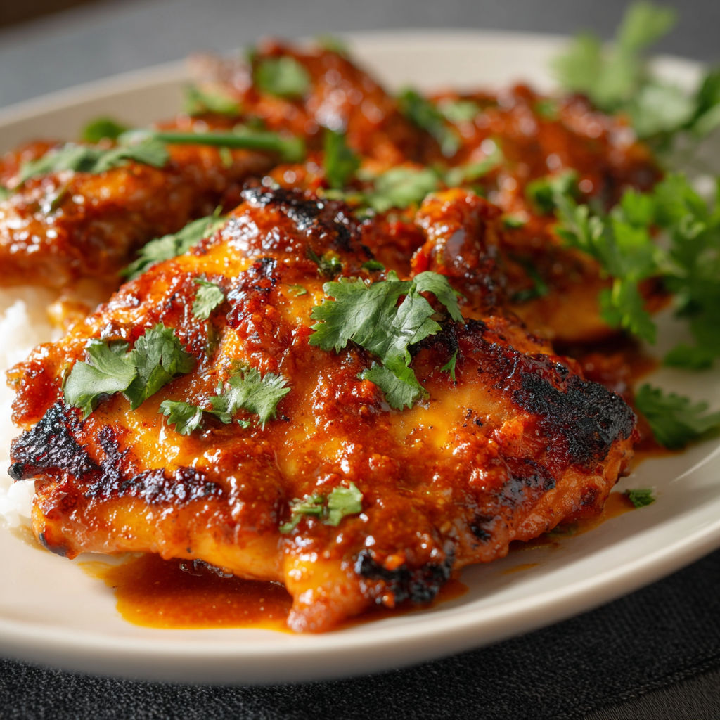 A plate of chicken with a sauce on it, accompanied by rice and garnished with parsley.