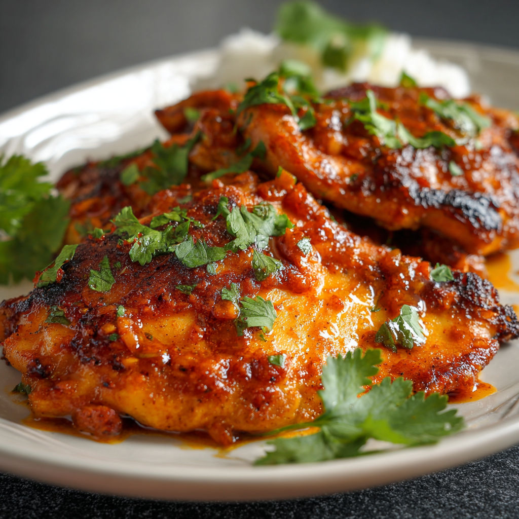 A plate of chicken with a spicy sauce, garnished with cilantro and lime.