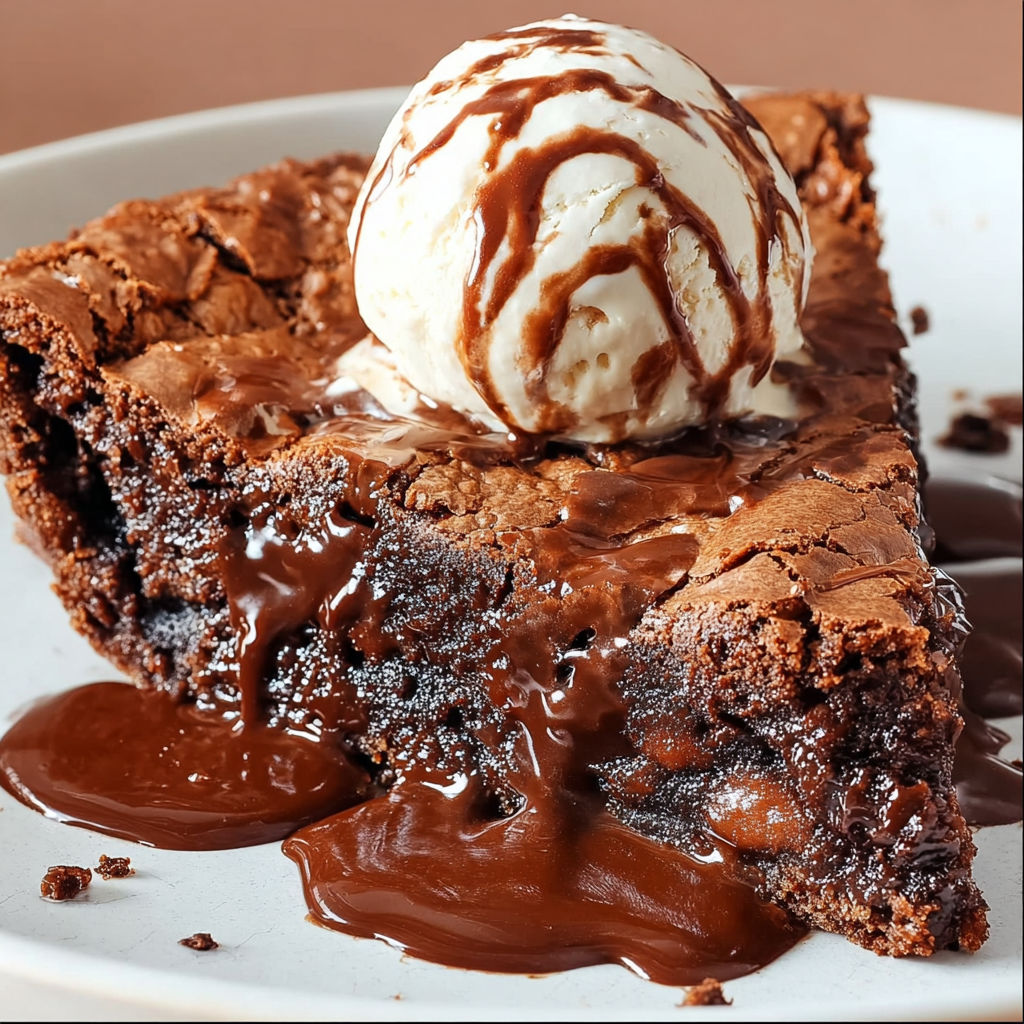 A slice of Gooey Brownie Pie with a scoop of ice cream on top.