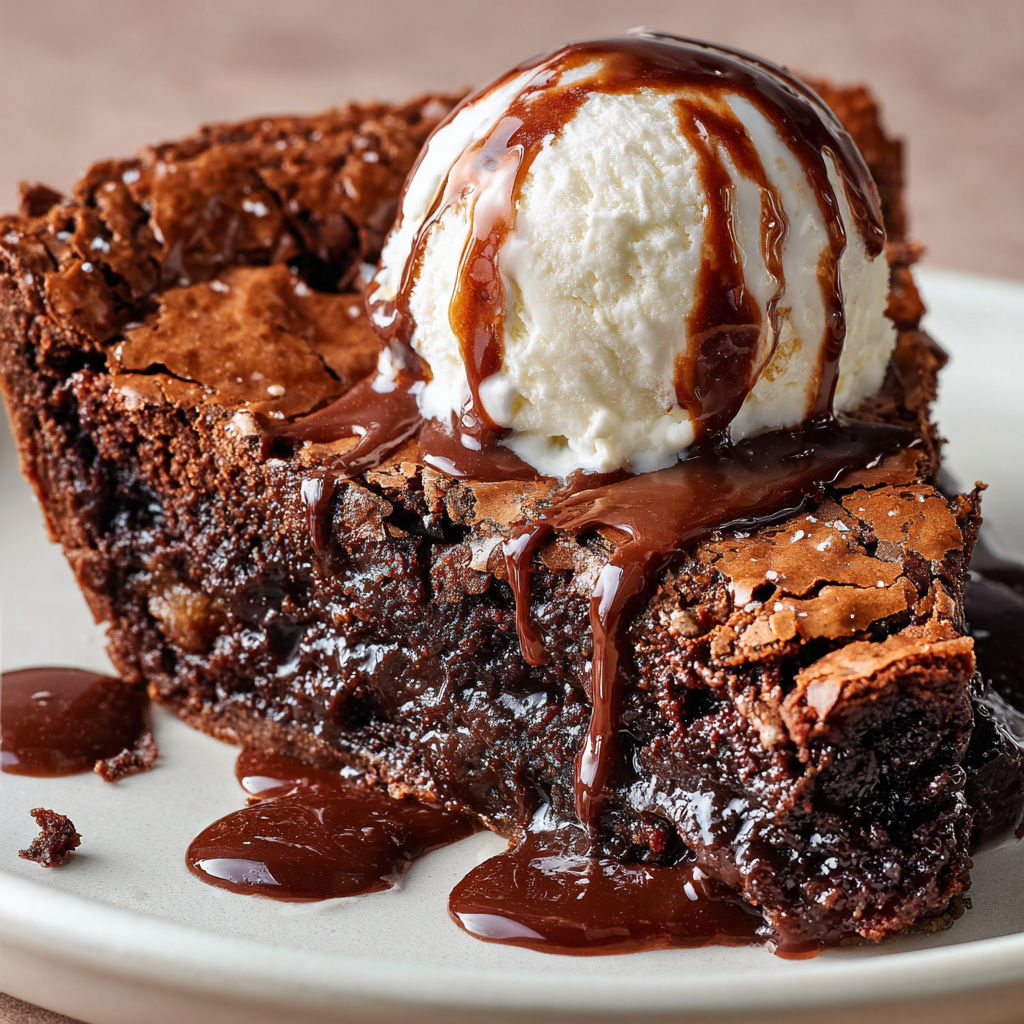 A slice of chocolate cake with a scoop of vanilla ice cream drizzled with chocolate sauce.