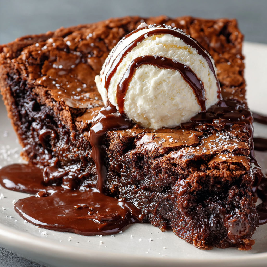 A slice of chocolate cake with a scoop of vanilla ice cream on top, drizzled with chocolate sauce.