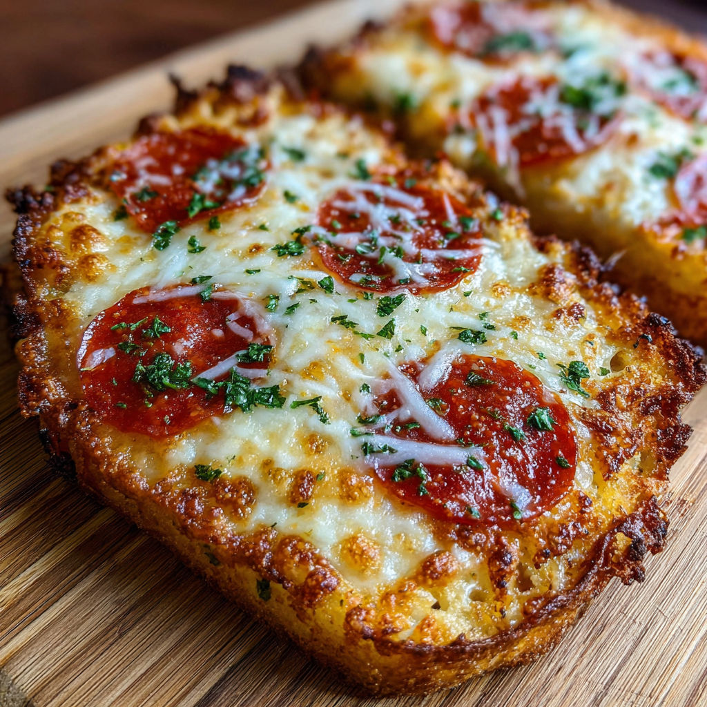 A slice of Texas Toast Pizza Air Fryer, topped with pepperoni and cheese, is served on a wooden cutting board.